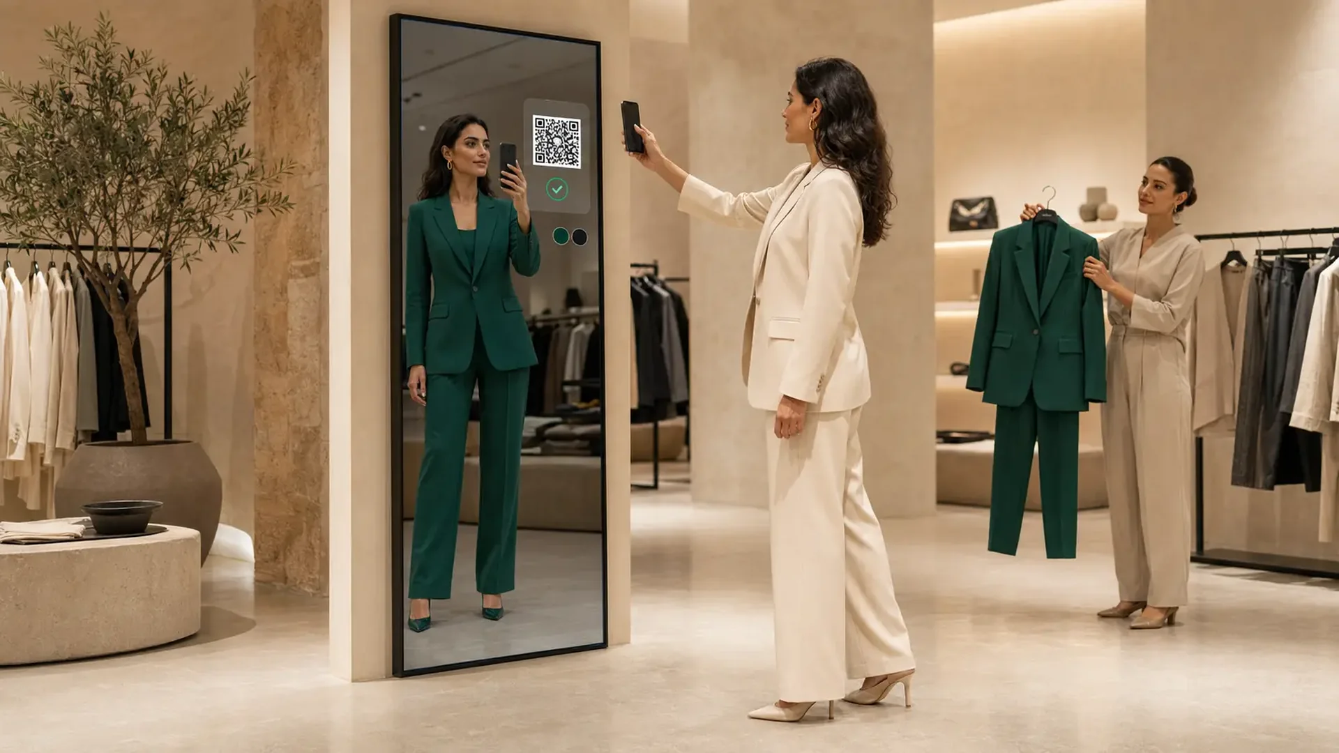 A customer scanning the mirror's code with her phone while a colleague brings the piece